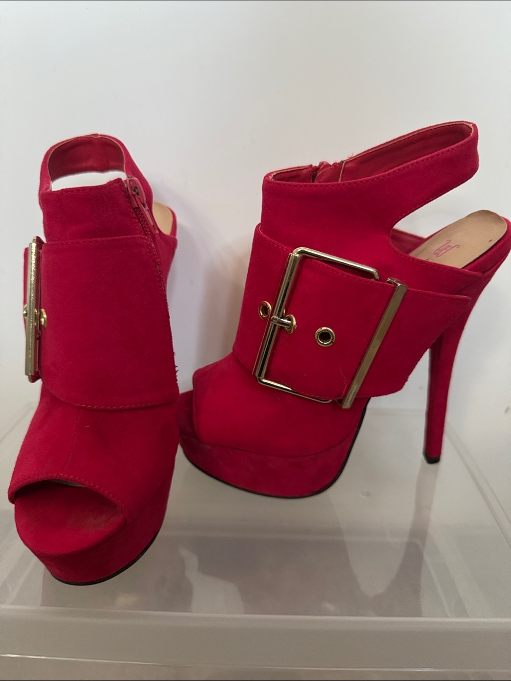 JustFab Red Suede Peep-Toe Platform Sandals with Gold Buckle